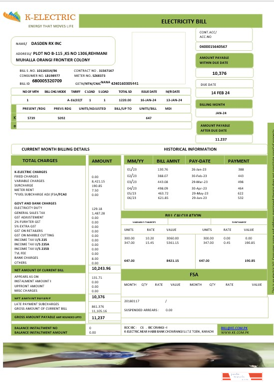 PAKISTAN K ELECTRIC LIMITED business utility bill Word and PDF template PSD template